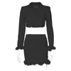 Zweiteiliges Kleid für Damen, elegant, langärmelig, Rock-Sets, Feder-Design, Slim-Fit-Blazer und Miniröcke, OL, Büro-Damen, 2-teilig, Anzüge, weiblich