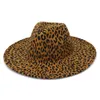 9.5cm Big Brim Leopard 프린트 모직 재즈 탑 모자 가을 가을 겨울 남녀 남성 Fedora 모자 여성 파티 캡 캡 솜브러 로스 드 Mujer