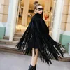 Kvinnorjackor 2022 Spring Autumn Black Jacka Kvinnor Lossa Tassels Turtleneck Långärmad Cape Coat Plus Plus Size Size