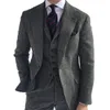 Мужские костюмы Blazers Grey Herringbone Мужской костюм твид британский стиль, сделанный мужским костюмом Slim Fit Свадебные костюмы для мужчин 3 штуки 220909