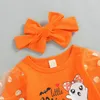 Kl￤der s￤tter 2022-06-23 LioRaitiin Baby Girls Halloween Long Sleeve Letters Ghost Print Romper With Patchwork Flare Pants Bowknot pannband