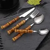 Bamboo Handle Flatware Set Stainless Steel Dinner Knife Fork Dessert Spoon Cutlery Sets SN4685