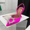 샌들 샌들 굽 신발 드레스 구두 고급 디자이너 새틴 높은 Amina Muaddi 활 크리스탈 장식 버클 지적 발가락 해바라기 Pcv 샌들 10Cm