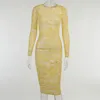 캐주얼 드레스 o 넥 섹시한 거리 슬림 드레스 팬티도 가을 의류 패션 페이즐리 인쇄 메쉬 투명 여성 풀 슬리브 미디