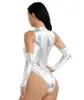 Costumi Catsuit metallizzati lucidi da donna Costumi da body senza maniche a taglio alto senza maniche Clubwear con guanti lunghi sexy