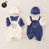 Overaller 0-12m f￶dd baby v￥rens h￶sten rompers Pure Solid Baby Boys Girls Cotton Soft Jumpsuits Gift Round Cap Leisure Kids Overall 220909