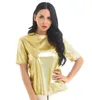 Catsuit-kostuums voor dames bovenaan Sparky glanzende reflecterende metalen metallic O nek korte mouwen Casual los kort comfortabel top T-shirt