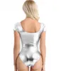 Dames glanzende metalen catsuit-kostuums Reflecterende eendelige gymnastiek Turpard Bodysuit voor podiumprestaties Ballet Dancewear voor kinderen