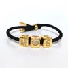 Charm Bracelets Black String Initial Bead Bracelet Man Gold Color Letter Beads CZ Jewerly DIY Rope Bras Femme