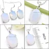 Earrings Necklace Wedding Jewelry Sets For Women Earrings Pendants 925 Sie Necklaces Oval White Moonstone Fashion 2Pcs/Lot Drop Deli Dhwkh