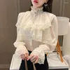 Chemisiers pour femmes Chemisier victorien blanc à manches longues Gothique à lacets Corset Top Femmes Bureau Renaissance Vintage Party Goth Ruffles Lolita