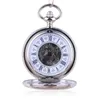 Montres de Poche Lot Argent Pendentif Mécanique Montre Double Ouvert Avec Chaîne Métallique Steampunk Chiffre Romain Unisexe