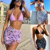 Women's Swimwear 3-piece High Waist Mesh Swimsuit Sexy Triangle Micro Bikini Set Butterfly Print Women String Solid Halter Bathing Suit