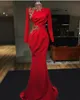 2022 Prom Dresses Mermaid High Neck Arabic Red Sexy Long Sleeves Gold Lace Crystal Beads Evening Dress Formal Party Second Reception Gowns