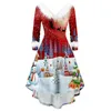 Casual jurken vrouwen kerst chic faux pluche lange mouw v-neck onregelmatige jurk jurk vrouwelijke sneeuwvlok kerstman claus print midi feest