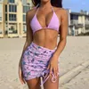 Women's Swimwear 3-piece High Waist Mesh Swimsuit Sexy Triangle Micro Bikini Set Butterfly Print Women String Solid Halter Bathing Suit