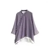 Women's Blouses Original Women Spring Cotton Stand Collar Chinese Style Vintage Buckle Long Sleeve Purple Shirt Loose Casual Blouse Ladies