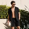 Men's Tracksuits 2022 Summer Men Sets Fashion Casual Solid Color Button Shirt Lace Up Shorts Set Two Piece Suit Daily Office Brand Male