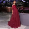 Party Dresses Burgundy Sheer Neckline Tulle Long Sleeves Evening 2022 Lace Applique Beaded Stones Sweep Train Formal Prom Dress