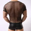 Vêtements de nuit pour hommes Fad Hommes Chemises en filet transparent rhombique Sous-vêtements sexy Gym Voir à travers les débardeurs Boîte de nuit Lingerie érotique Vêtements