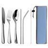 Flatware Sets Light Portable 8 Pieces Set Stainless Steel Cutlery Knife Forks Spoons Juice Straws Clean Brush Durable Travel Bag