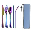 Flatware Sets Light Portable 8 Pieces Set Stainless Steel Cutlery Knife Forks Spoons Juice Straws Clean Brush Durable Travel Bag