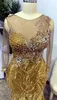 2022 Arabic Aso Ebi Gold Mermaid Prom Dresses Sequined Lace Sexy Evening Formal Party Second Reception Birthday Engagement Gowns Dress ZJ622