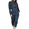 Dames tweedelige broek vrouwenjas set zipper lange mouw stevige kleur vest zakken casual stand kraag dame jas suit ensemble femme