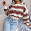 Kadın Sweaters Chic Striped Kısa Kadınlar için Kısa 2022 Sonbahar O Boyun Batwing Sleeve Pullover Mahsulün Üstleri İnce Kontrast Renk Bayanlar Jumper