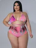 Fatos de Treino ZJFZML ZZ Plus Size L-5XL Conjunto de 3 Peças Conjunto de Biquíni Feminino Pele de Cobra Estampado de Leopardo com Babados Calças Atacado Drop