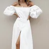 Abiti da festa MOARCHO Minimalista Scollo a barchetta Abito in cotone bianco Donna Elegante manica a sbuffo Monopetto Vita alta Lungo 2022 Estate