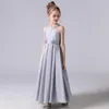 Girl Dresses Sliver Satin Halter Flower Sleeveless Long Formal Princess Dress 2022 Kids Birthday Party Pageant Gowns