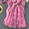 New Casual Dresses Summer Floral Print Slim Full Lady Dress A Line O Neck Chiffon Puff Sleeve Pullover Women Dresses 2023