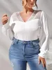 Chemise grande taille contraste dentelle col en V t-shirt automne haut pour femme Patchwork ample à manches longues t-shirt pour Kawaii haut blanc