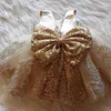 Golden Sequin Baby Christening Gowns Tulle Princess Dress Event Party Wear 1 Year Baby Girl Birthday Dresses Infant Baptism Gown C6597571