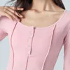 Women's T Shirts Ladies Crop Top Seams Long Sleeve Curved Hem Sheath T-Shirt With Button U-Shaped Casual Tops Women Slim Camisetas Femme