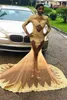 Gold Dantel Aplike Balo Elbiseleri Uzun Kollu Denizkızı Yüksek Yakalı Özel Yapılı Pluats Artı Boyut Akşam Partisi Gowns Vestido Resmi Ocn Giyim