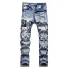 Jeans för män slitna hiphop-hål Fritidsbyxor tvättade Streetwear Harakuju jeansbyxor för män Slim Fit Broderi