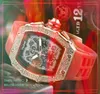 Elegante noble para hombre Anillo de diamantes Relojes 43 mm Japón Cuarzo Cronógrafo Hombres Esqueleto Dial Hip Hop Cinturón de goma Deportes Popular Reloj de pulsera relojes de lujo para hombre