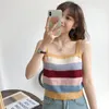 Camiseta sin mangas de verano para mujer, Top corto coreano con capucha a rayas, camisetas de punto Vintage para adolescentes, ropa holgada de moda para mujer 2022