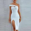 Sıradan Elbiseler 2022 Yaz Bodycon Slit Bandage Vestidos Kadın Seksi Zarif Siyah Bir Omuz Straplez Kokteyl Partisi