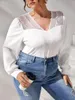 Chemise grande taille contraste dentelle col en V t-shirt automne haut pour femme Patchwork ample à manches longues t-shirt pour Kawaii haut blanc