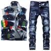 Survêtements d'été Moto Biker Gilet Jeans 2 Pièces Pantalons Ensembles pour Hommes Rétro Moto Rock Badge Gilet Brodé et Patch Déchiré Pantalon Extensible