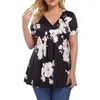 Shirt Plus Size Fashion Pleated Floral Tunic TShirt Casual Summer Ladies V-Neck Tops Women Short Sleeve Ruched Pullover