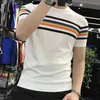 Men's T-Shirts 2022 Stretched Men's Tee Shirt Patchwork Color Stripe Slim Fit Knitted T Shirt Homme O-Neck Streetwear Fashion Rainbow T-Shirt T220909