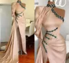 Designer Mermaid Evening Dresses Crystals Beaded Satin Sweep Train One Shoulder Long Sleeves High Neck Prom Gown Formal Wear 2023 Custom Made Vestidos