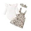 Clothing Sets Infant Baby Girls Fall Outfit Ribbed Knitted Bodysuit Leopard Print Suspenders Skirt Bibs Dress Overalls Headband