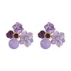 Purple Crystal Flower Stud Earrings For Woman Fashion Jewelry Wedding Party Girl Elegance Set Accessories