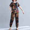 Dwuczęściowe spodnie damskie 2022 Summer Moda Plus Damskie Odzież Okoła szyjka Top Nine-Point Harem Floral Dwuczęściowy garnitur H050