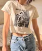 女性のTシャツカジュアルガールズホワイトクロップドTシャツ2022夏のファッションレディース半袖T-Shorts女性甘い映画プリントセクシーコットン